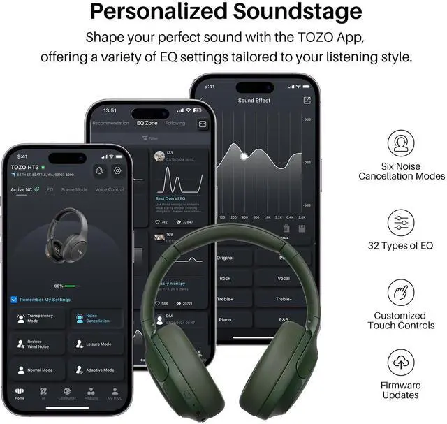 Alt view image 7 of 7 - TOZO HT3 Wireless Over Ear Headset Bluetooth 6.0, with 5 Mics Hybrid Noise Cancelling Headphones Foldable, AI Voice Assistant, Green