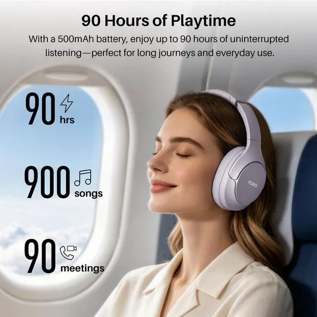 Alt view image 2 of 7 - TOZO HT3 Wireless Over Ear Headset Bluetooth 6.0, with 5 Mics Hybrid Noise Cancelling Headphones Foldable, AI Voice Assistant, 90H Battery Life, Purple