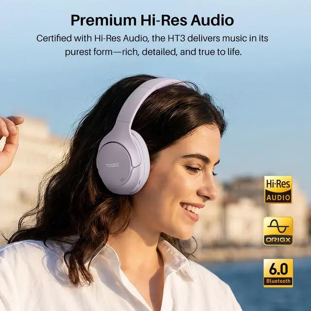 Alt view image 3 of 7 - TOZO HT3 Wireless Over Ear Headset Bluetooth 6.0, with 5 Mics Hybrid Noise Cancelling Headphones Foldable, AI Voice Assistant, 90H Battery Life, Purple