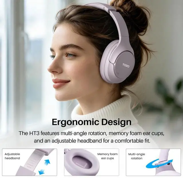 Alt view image 4 of 7 - TOZO HT3 Wireless Over Ear Headset Bluetooth 6.0, with 5 Mics Hybrid Noise Cancelling Headphones Foldable, AI Voice Assistant, 90H Battery Life, Purple