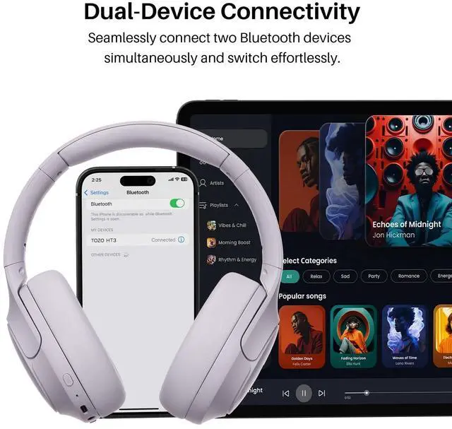 Alt view image 7 of 7 - TOZO HT3 Wireless Over Ear Headset Bluetooth 6.0, with 5 Mics Hybrid Noise Cancelling Headphones Foldable, AI Voice Assistant, 90H Battery Life, Purple