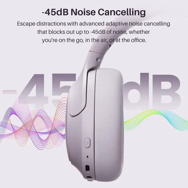 Alt view image 6 of 7 - TOZO HT3 Wireless Over Ear Headset Bluetooth 6.0, with 5 Mics Hybrid Noise Cancelling Headphones Foldable, AI Voice Assistant, 90H Battery Life, Purple