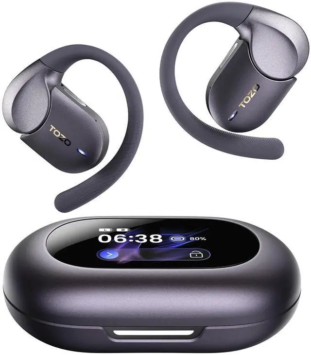 Main image of TOZO X2 Pro Smart Open Ear Earbuds with AI Assistant & Translates, LCD Digital Touch Screen, Dual-Axis Adjustment, Motion/Voice Control, IPX7 Waterproof Bluetooth 6.0 Headphones, Titanium Black