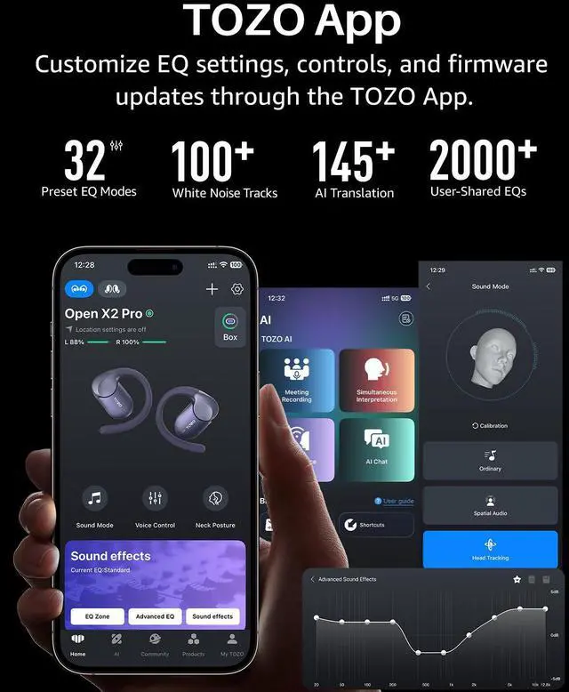 Alt view image 6 of 7 - TOZO X2 Pro Smart Open Ear Earbuds with AI Assistant & Translates, LCD Digital Touch Screen, Dual-Axis Adjustment, Motion/Voice Control, IPX7 Waterproof Bluetooth 6.0 Headphones, Metallic Blue