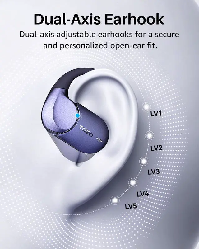 Alt view image 5 of 7 - TOZO X2 Pro Smart Open Ear Earbuds with AI Assistant & Translates, LCD Digital Touch Screen, Dual-Axis Adjustment, Motion/Voice Control, IPX7 Waterproof Bluetooth 6.0 Headphones, Metallic Blue
