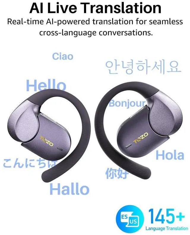Alt view image 7 of 7 - TOZO X2 Pro AI Translation Touch Open Ear Earbuds, 145+Languages, Bluetooth 6.0, Motion & Voice Control,Soft Earhook, 36H, IPX7 Waterproof, Titanium Black