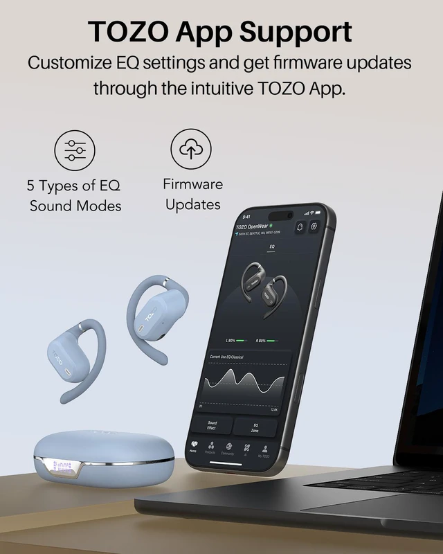 Alt view image 5 of 7 - TOZO OpenWear Bluetooth Headset with APP AI Translation Real Time 145+ Languages, Open Ear Earbuds, 60H Battery with Smart Display Charger Case Headphones Comfort, Blue