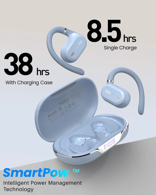 Alt view image 4 of 7 - TOZO OpenWear Bluetooth Headset with APP AI Translation Real Time 145+ Languages, Open Ear Earbuds, 60H Battery with Smart Display Charger Case Headphones Comfort, Blue
