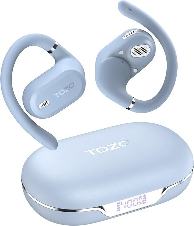 Main image of TOZO OpenWear Bluetooth Headset with APP AI Translation Real Time 145+ Languages, Open Ear Earbuds, 60H Battery with Smart Display Charger Case Headphones Comfort, Blue