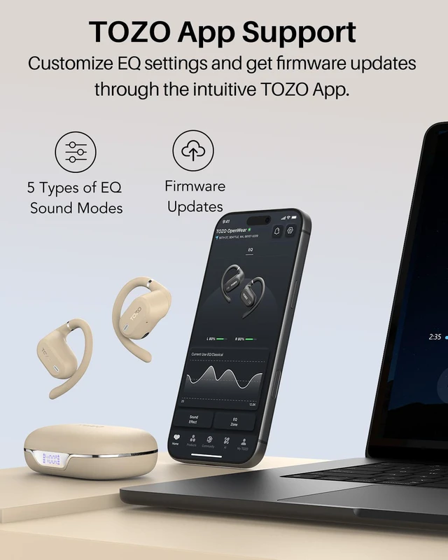 Alt view image 2 of 7 - TOZO OpenWear Bluetooth Headset with APP AI Translation Real Time 145+ Languages, Open Ear Earbuds, 60H Battery with Smart Display Charger Case Headphones Comfort, Khaki