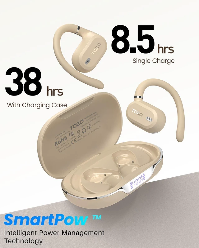 Alt view image 7 of 7 - TOZO OpenWear Bluetooth Headset with APP AI Translation Real Time 145+ Languages, Open Ear Earbuds, 60H Battery with Smart Display Charger Case Headphones Comfort, Khaki
