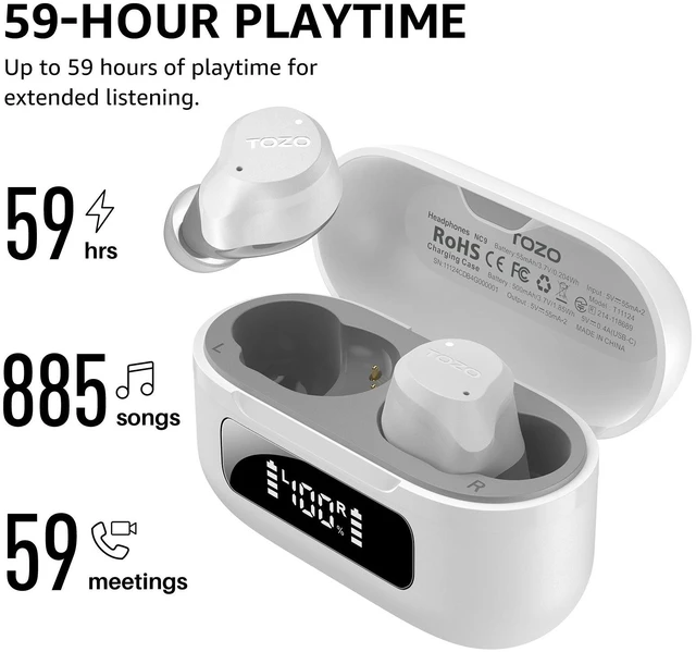 Alt view image 7 of 7 - TOZO NC9 Hybrid Active Noise Cancelling Wireless Earbuds 59H Playtime with LED Display Charger Case, 6 Mics ENC Clear Call Headphones IPX8 Waterproof, White