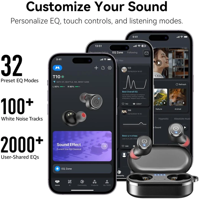 Alt view image 5 of 7 - TOZO T10 Wireless Earbuds Powerful Bass Stereo 55H Battery with Charging Case, App Customize EQ, IPX8 Waterproof, Bluetooth 5.3 Headphones Black (Refurbished)