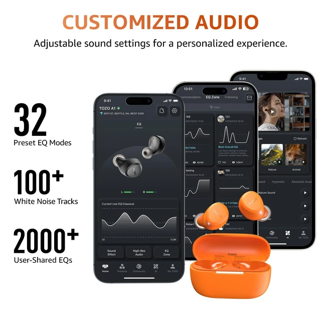 Alt view image 3 of 7 - TOZO A1 Wireless Earbuds Mini Light Weight in Ear Bluetooth Headphones, IPX5 Waterproof, Immersive Premium Sound Bass Stereo Headset with Charging Case, 32 EQ via App, Orange