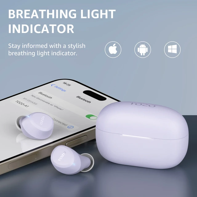 Alt view image 3 of 7 - TOZO A1 Wireless Earbuds Mini Light Weight in Ear Bluetooth Headphones, IPX5 Waterproof, Immersive Premium Sound Bass Stereo Headset with Charging Case, 32 EQ via App, Purple