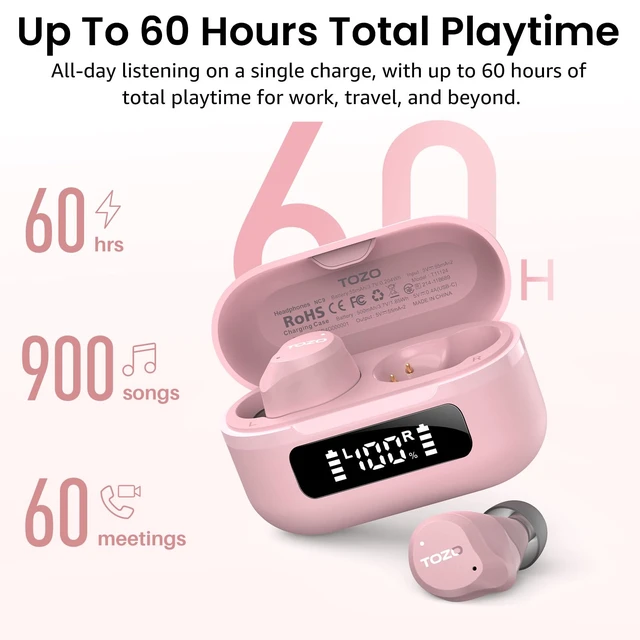 Alt view image 5 of 7 - TOZO NC9 Hybrid Active Noise Cancelling Wireless Earbuds 60H Playtime with LED Display Charger Case, 6 Mics ENC Clear Call Headphones IPX8 Waterproof, Pink