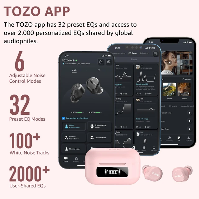 Alt view image 6 of 7 - TOZO NC9 Hybrid Active Noise Cancelling Wireless Earbuds 60H Playtime with LED Display Charger Case, 6 Mics ENC Clear Call Headphones IPX8 Waterproof, Pink