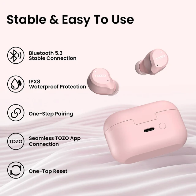 Alt view image 7 of 7 - TOZO NC9 Hybrid Active Noise Cancelling Wireless Earbuds 60H Playtime with LED Display Charger Case, 6 Mics ENC Clear Call Headphones IPX8 Waterproof, Pink