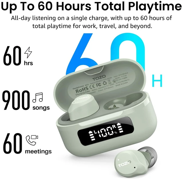 Alt view image 3 of 7 - TOZO NC9 Hybrid Active Noise Cancelling Wireless Earbuds 60H Playtime with LED Display Charger Case, 6 Mics ENC Clear Call Headphones IPX8 Waterproof, Green