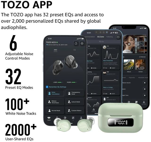 Alt view image 5 of 7 - TOZO NC9 Hybrid Active Noise Cancelling Wireless Earbuds 60H Playtime with LED Display Charger Case, 6 Mics ENC Clear Call Headphones IPX8 Waterproof, Green