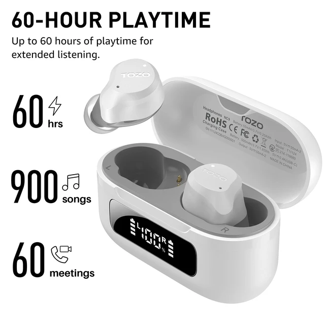 Alt view image 6 of 7 - TOZO NC9 Hybrid Active Noise Cancelling Wireless Earbuds, 60H with LED Display Charger Case, 6 Mic Deep Bass Sound in Ear Bluetooth 5.3 Headphones IPX8, 32 EQs via APP, White