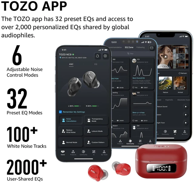 Alt view image 5 of 7 - TOZO NC9 Hybrid Active Noise Cancelling Wireless Earbuds 60H, LED Display, 6 Mics ENC Clear Call Headphones IPX8 Waterproof, 32 EQs via APP, Comfort Fit Ear Buds, Red
