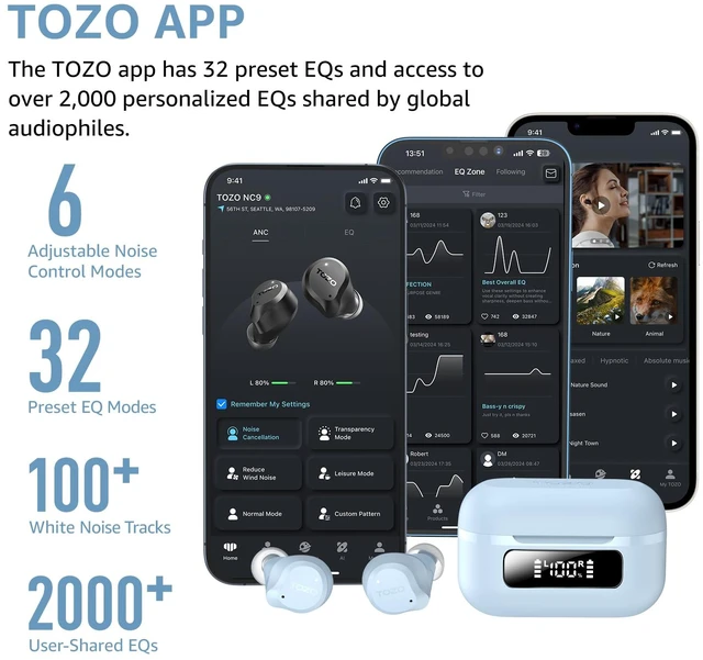 Alt view image 5 of 7 - TOZO NC9 Hybrid Active Noise Cancelling Wireless Earbuds, 60H with LED Display Charger Case, 6 Mics ENC Clear Call In-Ear Headphones, IPX8 Waterproof, Light Blue