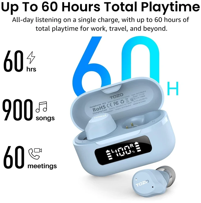 Alt view image 3 of 7 - TOZO NC9 Hybrid Active Noise Cancelling Wireless Earbuds, 60H with LED Display Charger Case, 6 Mics ENC Clear Call In-Ear Headphones, IPX8 Waterproof, Light Blue