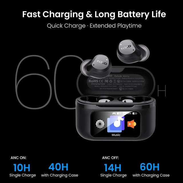 Alt view image 5 of 7 - TOZO NC9 Pro Wireless Earbuds with Smart Touch Screen, LDAC Hi-Res Audio Active Noise Cancelling, Dual Device Connection, Bluetooth 6.0 Headphones