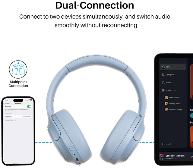 Alt view image 5 of 7 - TOZO HT3 Hybrid Noise Cancelling Headphones, 90H Playtime Wireless Over Ear Bluetooth Headset, Spatial Audio AI Chat with 5 Mics, Supports Dual Connection and USB-C Input, with 32 EQ Music Modes, Blue