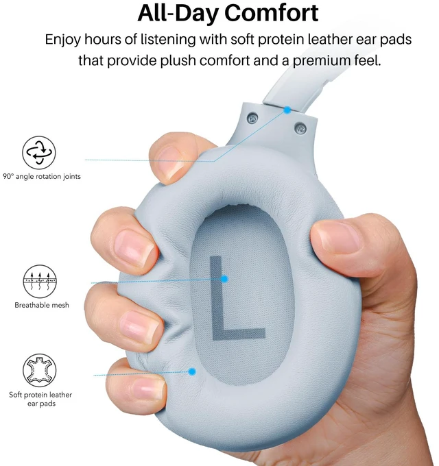 Alt view image 4 of 7 - TOZO HT3 Hybrid Noise Cancelling Headphones, 90H Playtime Wireless Over Ear Bluetooth Headset, Spatial Audio AI Chat with 5 Mics, Supports Dual Connection and USB-C Input, with 32 EQ Music Modes, Blue