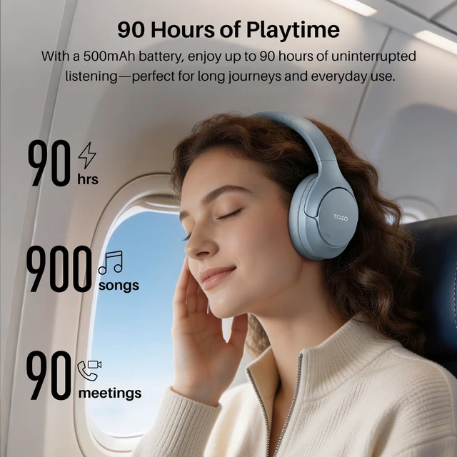 Alt view image 6 of 7 - TOZO HT3 Hybrid Noise Cancelling Headphones, 90H Playtime Wireless Over Ear Bluetooth Headset, Spatial Audio AI Chat with 5 Mics, Supports Dual Connection and USB-C Input, with 32 EQ Music Modes, Blue