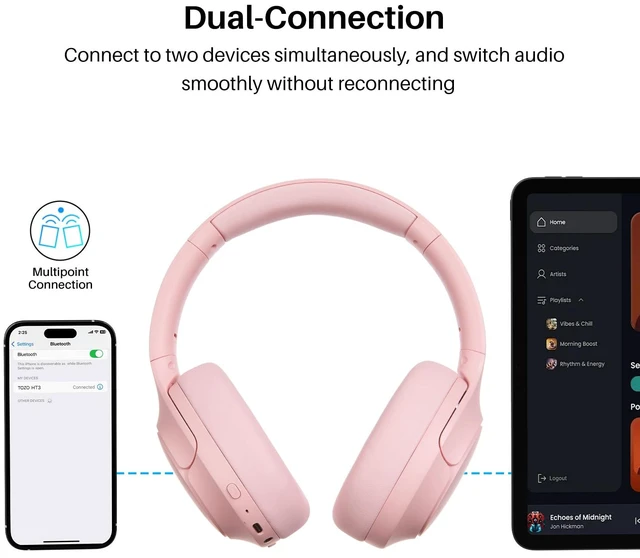 Alt view image 4 of 7 - TOZO HT3 Hybrid Noise Cancelling Headphones, 90H Playtime Wireless Over Ear Bluetooth Headset, Spatial Audio AI Chat with 5 Mics, Supports Dual Connection and USB-C Input, with 32 EQ Music Modes, Pink