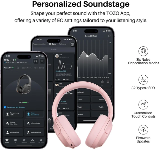 Alt view image 2 of 7 - TOZO HT3 Hybrid Noise Cancelling Headphones, 90H Playtime Wireless Over Ear Bluetooth Headset, Spatial Audio AI Chat with 5 Mics, Supports Dual Connection and USB-C Input, with 32 EQ Music Modes, Pink