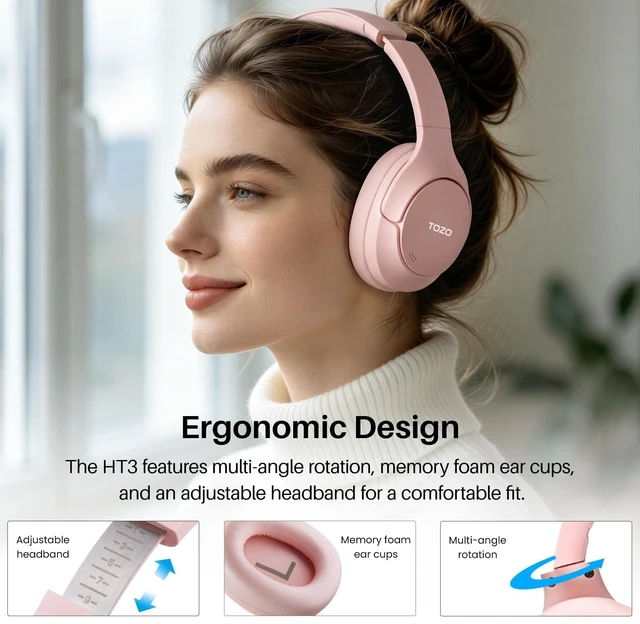 Alt view image 7 of 7 - TOZO HT3 Hybrid Noise Cancelling Headphones, 90H Playtime Wireless Over Ear Bluetooth Headset, Spatial Audio AI Chat with 5 Mics, Supports Dual Connection and USB-C Input, with 32 EQ Music Modes, Pink