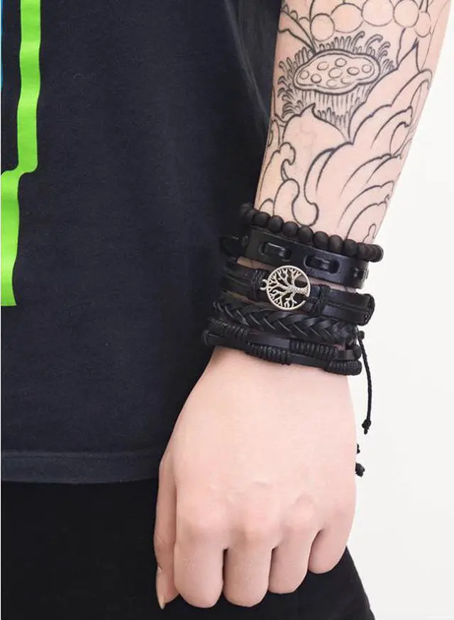 Alt view image 3 of 3 - Hand Woven 5 piece Mens Leather Bracelet Cowhide Braided Multi-Layer Wrap Mens Bracelet