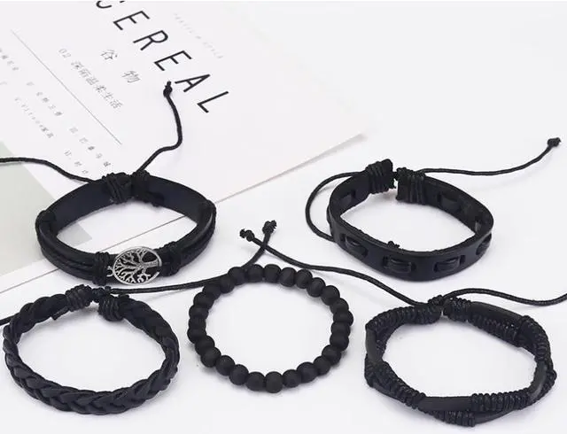 Alt view image 2 of 3 - Hand Woven 5 piece Mens Leather Bracelet Cowhide Braided Multi-Layer Wrap Mens Bracelet