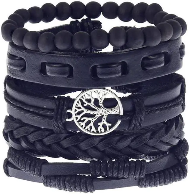Main image of Hand Woven 5 piece Mens Leather Bracelet Cowhide Braided Multi-Layer Wrap Mens Bracelet