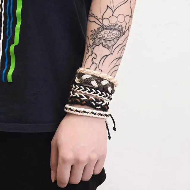 Alt view image 3 of 3 - Hand Woven 5 piece Mens Leather Bracelet Cowhide Braided Multi-Layer Wrap Mens Bracelet Cotton and linen