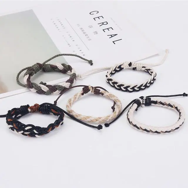 Alt view image 2 of 3 - Hand Woven 5 piece Mens Leather Bracelet Cowhide Braided Multi-Layer Wrap Mens Bracelet Cotton and linen