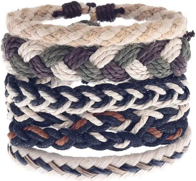Main image of Hand Woven 5 piece Mens Leather Bracelet Cowhide Braided Multi-Layer Wrap Mens Bracelet Cotton and linen
