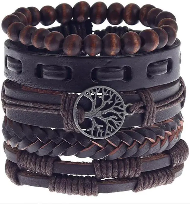 Main image of Hand Woven 5 piece Mens Leather Bracelet Cowhide Braided Multi-Layer Wrap Mens Bracelet Leather