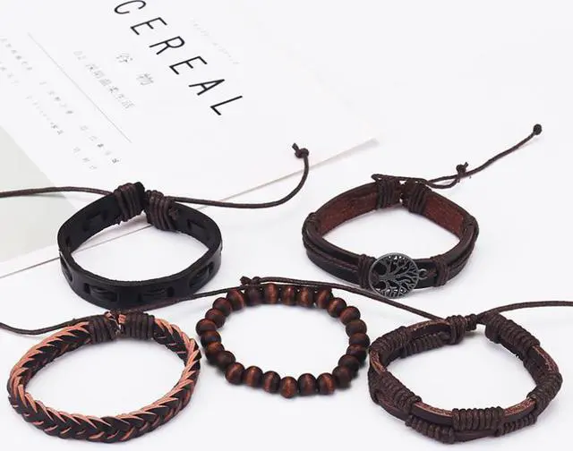 Alt view image 2 of 3 - Hand Woven 5 piece Mens Leather Bracelet Cowhide Braided Multi-Layer Wrap Mens Bracelet Leather