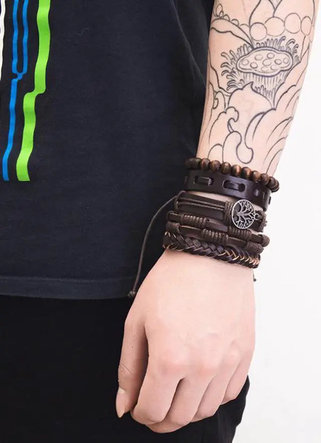 Alt view image 3 of 3 - Hand Woven 5 piece Mens Leather Bracelet Cowhide Braided Multi-Layer Wrap Mens Bracelet Leather