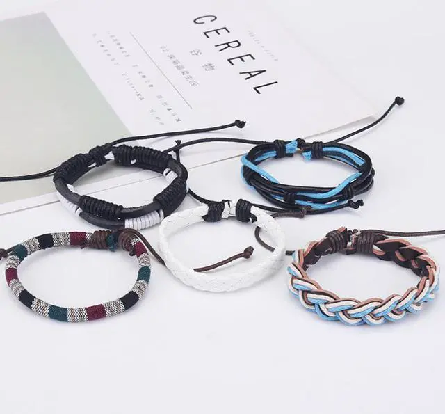 Alt view image 2 of 3 - Hand Woven 5 piece Mens Leather Bracelet Cowhide Braided Multi-Layer Wrap Mens Bracelet Assorted