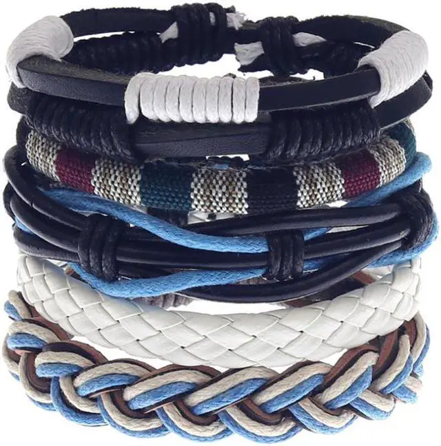 Main image of Hand Woven 5 piece Mens Leather Bracelet Cowhide Braided Multi-Layer Wrap Mens Bracelet Assorted