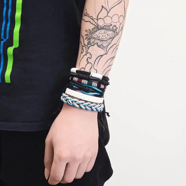 Alt view image 3 of 3 - Hand Woven 5 piece Mens Leather Bracelet Cowhide Braided Multi-Layer Wrap Mens Bracelet Assorted