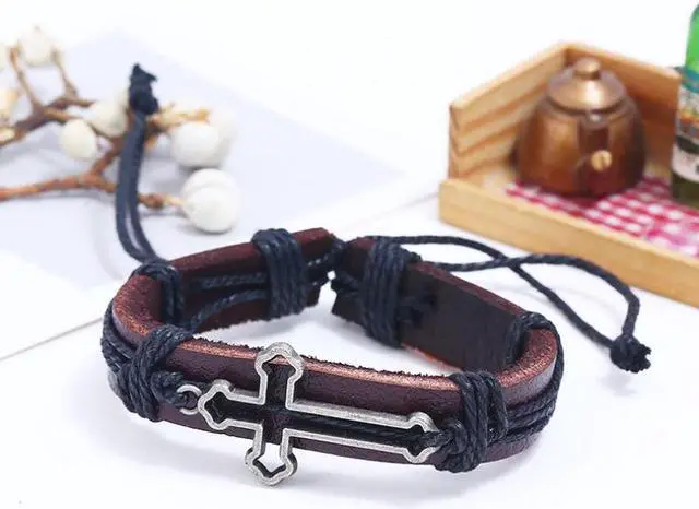 Alt view image 2 of 6 - Adjustable DIY hand Woven Cross Hand Cowhide Bracelet for Men Women Gift