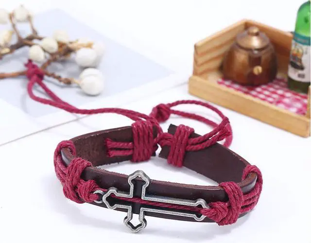 Alt view image 3 of 6 - Adjustable DIY hand Woven Cross Hand Cowhide Bracelet for Men Women Gift