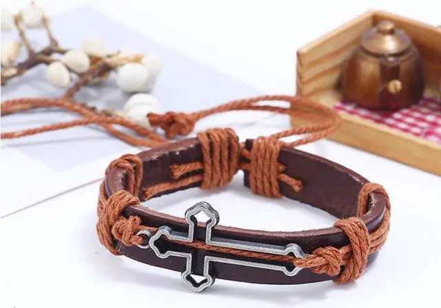 Alt view image 4 of 6 - Adjustable DIY hand Woven Cross Hand Cowhide Bracelet for Men Women Gift